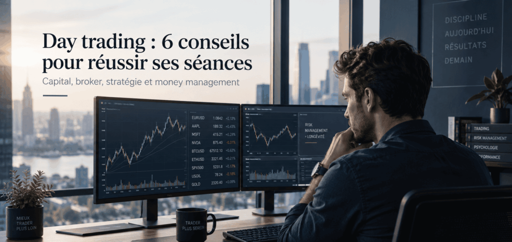 Un homme est assis à un bureau équipé de plusieurs écrans affichant des graphiques financiers, avec vue sur le paysage urbain. Un texte en français figurant sur l'image donne six conseils sur le day trading et aborde des sujets connexes tels que le capital et la stratégie.