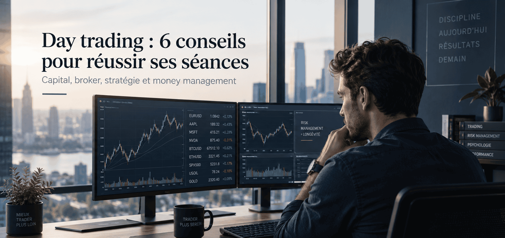 Un homme est assis à un bureau équipé de plusieurs écrans affichant des graphiques financiers, avec vue sur le paysage urbain. Un texte en français figurant sur l'image donne six conseils sur le day trading et aborde des sujets connexes tels que le capital et la stratégie.